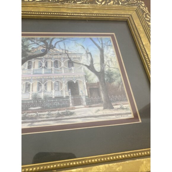 Essie DeLoach Savannah's Gigerbread House on Bull Street Print Gold Grame Gilded - Picture 3 of 9